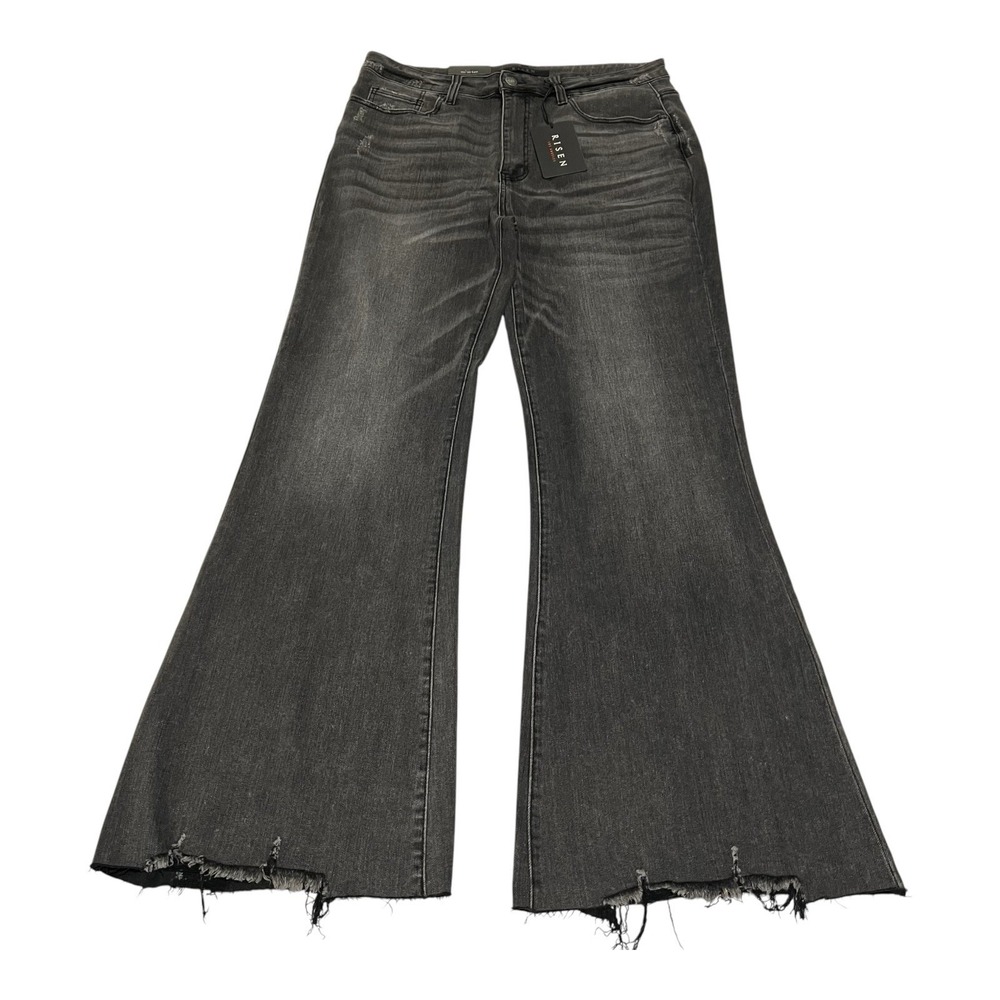 NWT Risen Womens 1XL Flare Jeans Black Acid Wash High Rise Raw Hem Stretch Denim